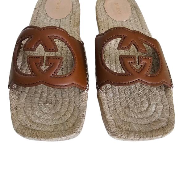 Gucci GG Espadrille Flat Slide Sandal Size 38.5 US 8.5 Brown Cut Out Square Toe - Picture 4 of 11